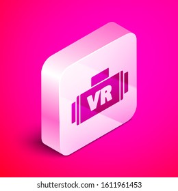 Isometric Virtual reality glasses icon isolated on pink background. Stereoscopic 3d vr mask. Silver square button. Vector Illustration