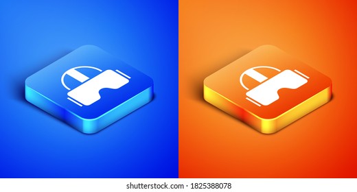 Isometric Isometric Virtual reality Glass icon aislado en fondo azul y naranja. Máscara de vr 3d esterooscópica. Botón cuadrado. Ilustración vectorial