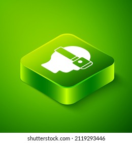 Isometric Virtual reality glasses icon isolated on green background. Stereoscopic 3d vr mask. Optical head mounted display. Green square button. Vector