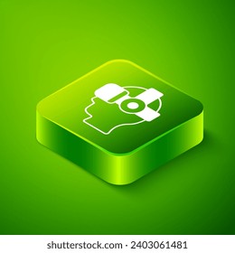 Isometric Virtual reality glasses icon isolated on green background. Stereoscopic 3d vr mask. Optical head mounted display. Green square button. Vector