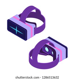 Isometric Virtual Reality Glasses Set, Augmented Reality Headsets and VR Helmet, VR Glasses. 3d Reality Goggles. The Objects are Located on the White Background and Shown From Two sides.