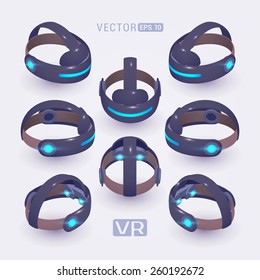 Isometric virtual reality headset against the light-grey background. The objects are shown from different sides