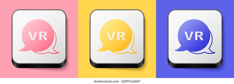 Icono isométrico de la realidad virtual aislado en el fondo rosado, amarillo y azul. Diseño de pantalla frontal futurista de VR. Botón cuadrado. Vector