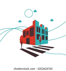 Isometric Virtual Reality imitation vector illustration: 3D first person Game style shop, hotel or restaurant building. Urban cityscape made in a futuristic glitch virtual reality style.