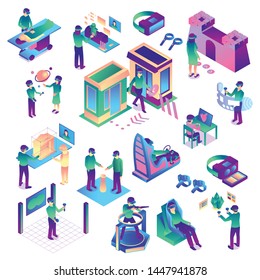 Isometric virtual reality set of colourful isolated images representing various human activities related to augmented reality vector illustration