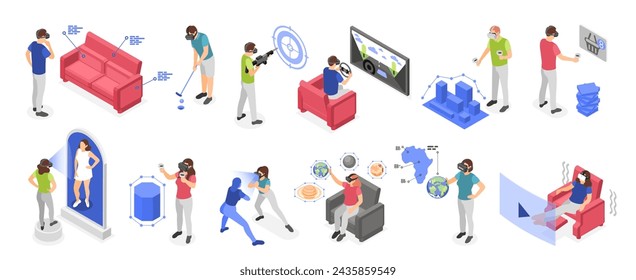 Isometrische Virtual-Reality-Simulatoren. Menschen mit VR-Brille spielen, schießen, studieren. Moderne digitale Technologien, makellose Vektorszenen