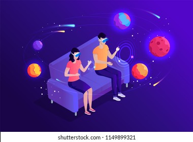 Isometric virtual reality space travel vector illustration