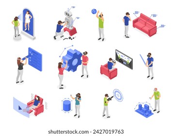 Isometric virtual reality technology. People using different gadgets in vr glasses. Communication, robotics, time management and rest, flawless vector scenes