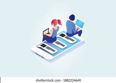 Isometric virtual relationships, online dating and social networking concept - teenagers chatting on the Internet. Vector 3d isometric illustration. Suitable for Diagram, Infographics  And Other Asset