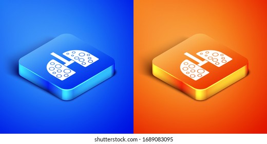 Isometric Virus cells in lung icon isolated on blue and orange background. Infected lungs. Coronavirus, COVID-19. 2019-nCoV. Square button. Vector Illustration
