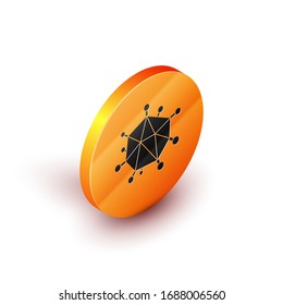 Isometric Virus icon isolated on white background. Corona virus 2019-nCoV. Bacteria and germs, cell cancer, microbe, fungi. Orange circle button. Vector Illustration