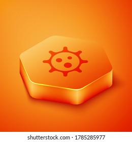 Isometric Virus icon isolated on orange background. Corona virus 2019-nCoV. Bacteria and germs, cell cancer, microbe, fungi. Orange hexagon button. Vector Illustration