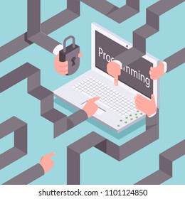 Isometric virus protection vector flat illustration. Concept design of long hands of programmers, padlock, bugs and laptop.