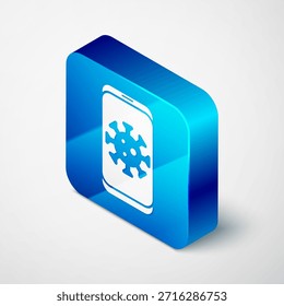 Isometrische Virus-Statistiken auf mobilem Symbol einzeln auf grauem Hintergrund. Corona-Virus 2019-nCoV Bakterien und Keime, Zellkrebs, Mikroben, Pilze. Blauer quadratischer Knopf. Vektorgrafik