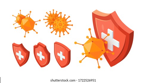 Isometric viruses and immune system icons. Medical immunization set. Vector illustration isolated on a white background. Items for designs, infographics, posters.