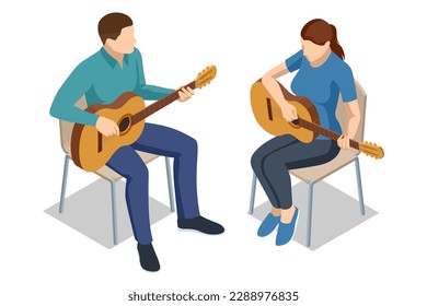 Isometric Vocal artists. Couple playing an acoustic guitar together. Male teacher explains to female student the basics of playing guitar.