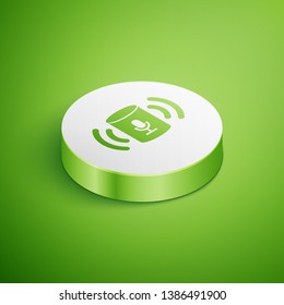 Isometric Voice assistant icon isolated on green background. Voice control user interface smart speaker. White circle button. Vector Illustration