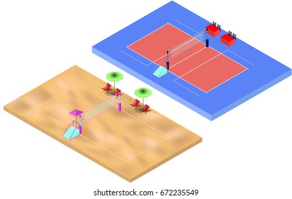 Isometric volleyball and beach volleyball playgrounds with net and judges place in vector