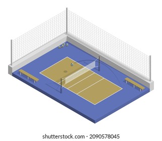 cancha isométrica de voleibol con red, parqué y líneas de marcado. Vista superior del área de recreo de voleibol. Zona deportiva para actividades recreativas. Vector 3d realista aislado en espalda blanca