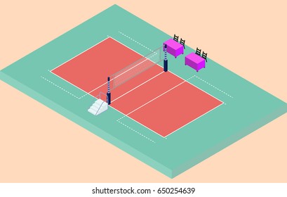 Isometric volleyball stadium with net, sand and judges place in vector