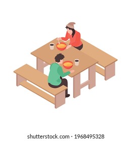 Isometric voluneer food homeless poor composition with human characters of eating poor people vector illustration