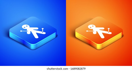 Isometric Voodoo doll icon isolated on blue and orange background. Square button. Vector Illustration