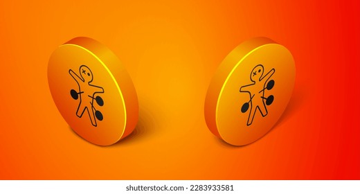 Isometric Voodoo doll icon isolated on orange background. Happy Halloween party. Orange circle button. Vector