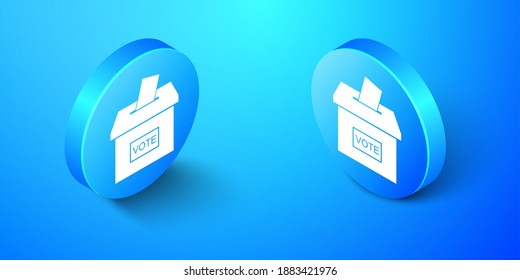 Isometric Vote box or ballot box with envelope icon isolated on blue background. Blue circle button. Vector.