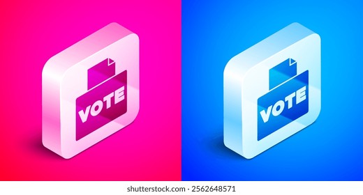 Isometric Vote box or ballot box with envelope icon isolated on pink and blue background. Silver square button. Vector