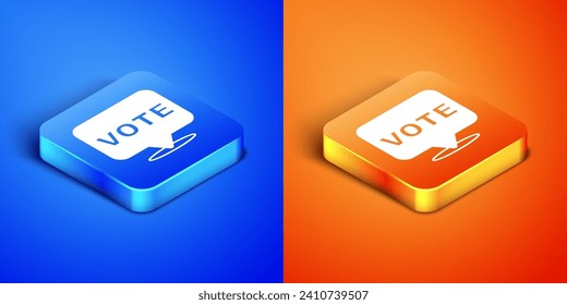 Isometric Vote icon aislado en fondo azul y naranja. Botón cuadrado. Vector