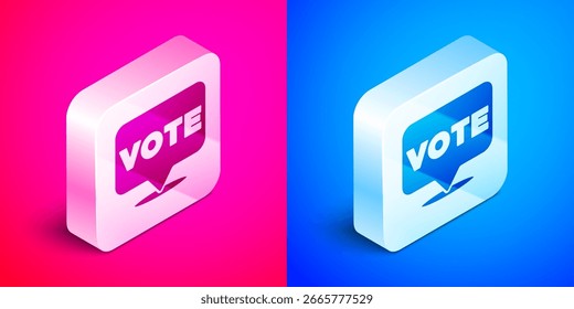 Icono isométrico del voto aislado en el fondo rosado y azul. Botón cuadrado plateado. Vector