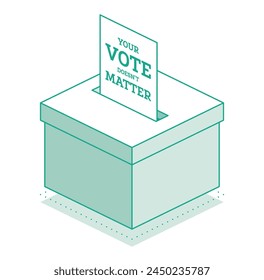 Boleta electoral isométrica insertada en urna. La cédula tiene el mensaje: Su voto no importa. Contorno de objetos aislados sobre fondo blanco. Ilustración vectorial.