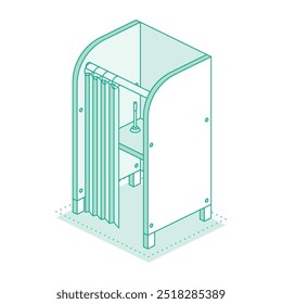 Isometric voting booth with open curtains and pen on desk. Interior of polling station. Outline objects. Vector illustration.