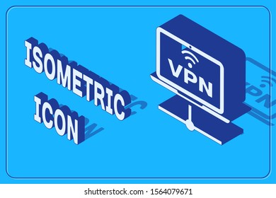 Isometric VPN Computer network icon isolated on blue background. Laptop network. Internet connection.  Vector Illustration