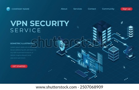 Isometric VPN security landing page concept. Cyber security. Digital technology website landing page. Vector illustration