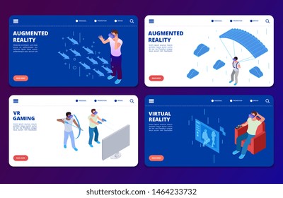 Isometric VR gaming, augmented reality vector landing pages templates. Illustration of virtual reality game, augmented isometric vr