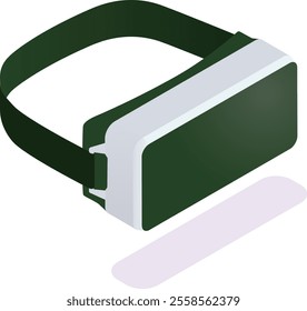 Isometric vr goggles with dark green lenses and white rim connected with black headband casting shadow on white background representing modern technology, and virtual reality experience