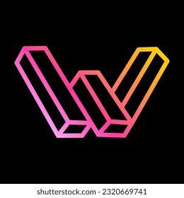 Isometric W letter logo. Neon lights emblem. Multicolor gradient impossible lines design. Cubic bright icon for blockchain labels, nightlife headlines, futuristic posters, NFT advertisement.