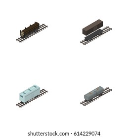 Isometric Wagon Set Of Lumber Shipping, Delivery Tank, Railroad Carriage And Other Vector Objects. Also Includes Metal, Lumber, Container Elements.
