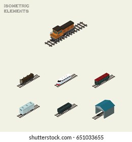 Isometric Wagon Set Of Lumber Shipping, Railroad Carriage, Depot And Other Vector Objects. Also Includes Speed, Wood, Train Elements.