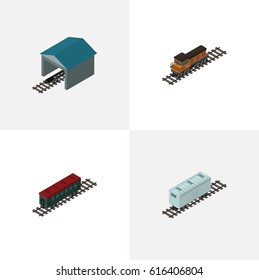 Isometric Wagon Set Of Subway Vehicle, Train, Railroad Carriage And Other Vector Objects.  