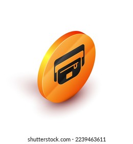 Isometric Waist bag of banana icon isolated on white background. Orange circle button. Vector