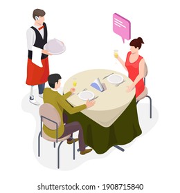 Isometric waiter with leg prosthesis and hearing aid serving food in silver platter or restaurant cloche, flat vector illustration. Young disabled guy working in restaurant. Disabled people lifestyle.