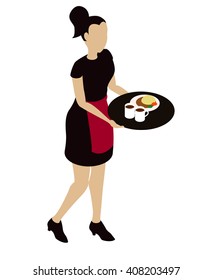 Isometric waitress with tray. Girl in uniform. Waitress in black dress, walking waitress, isometric waitress, isometric girl, girl isolated on white, waitress isometric on white, occupation, person