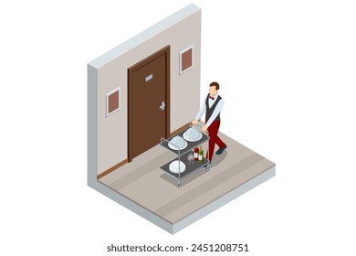 Isometric Waitress in uniform delivering tray with food in a room of hotel. Enjoy the Holiday and Vacation. Room service.