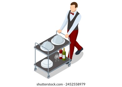 Isometric Waitress in uniform delivering tray with food in a room of hotel. Enjoy the Holiday and Vacation. Room service.