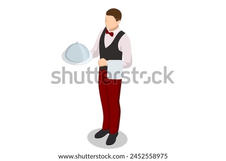Isometric Waitress in uniform delivering tray with food in a room of hotel. Enjoy the Holiday and Vacation. Room service.