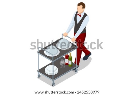 Isometric Waitress in uniform delivering tray with food in a room of hotel. Enjoy the Holiday and Vacation. Room service.