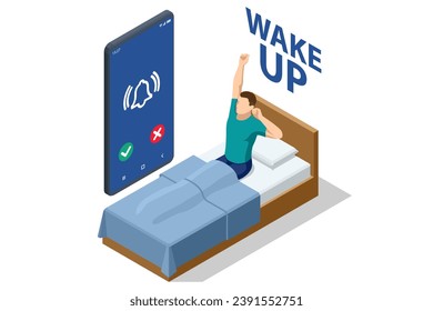 Isometric wake up of a happy man lying on the bed. Sleeping and waking up. People healthy lifestyle concept.