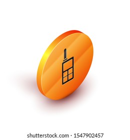 Isometric Walkie talkie icon isolated on white background. Portable radio transmitter icon. Radio transceiver sign. Orange circle button. Vector Illustration